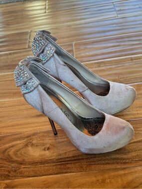 Society 86 Crystal Bow Taupe Suede High Heel Pumps